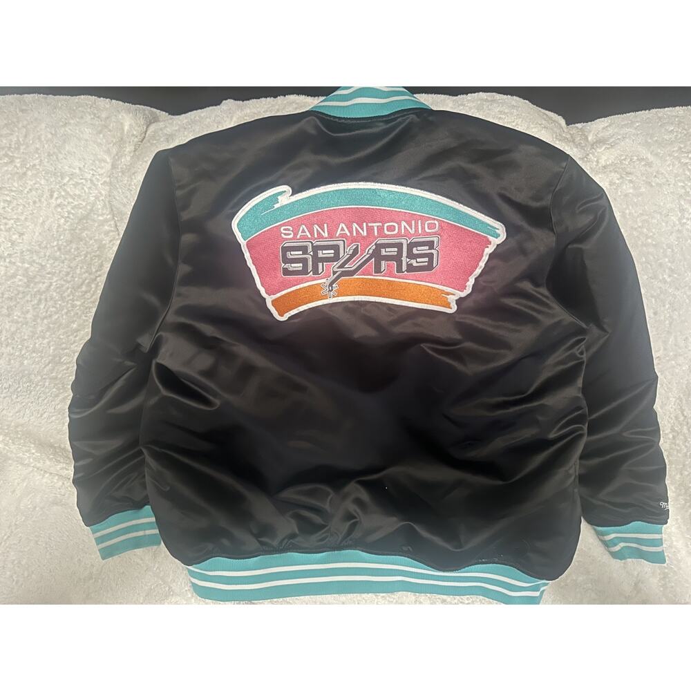 Size L Mitchell & Ness San Antonio Spurs Black Heavyweight Bomber Varsity Jacket
